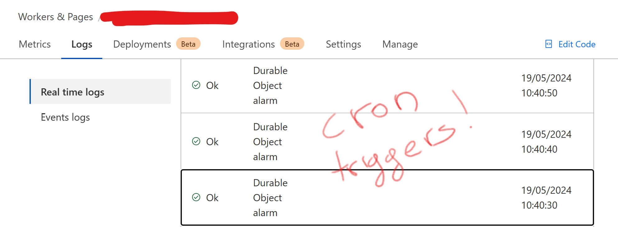 Cloudflare Durable Object logs for Skybear.net scripts cron triggers