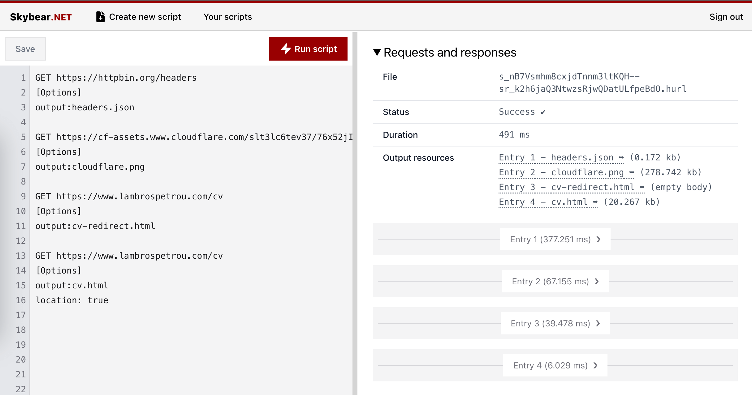 Skybear.net script with multiple requests saving their responses using the `output` option